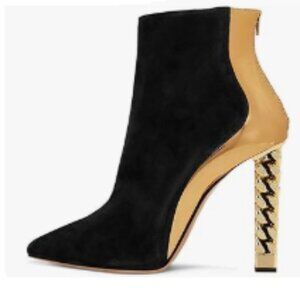 FSJ Black-golden Pointed Toe Ankle Boot Block Chunky Gold High Heel Bootie